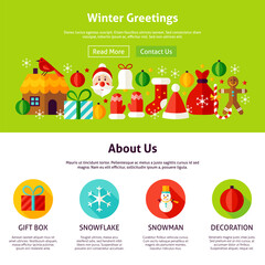 Winter Greetings Web Design. Flat Style Vector Illustration for Website Banner and Landing Page. Merry Christmas.