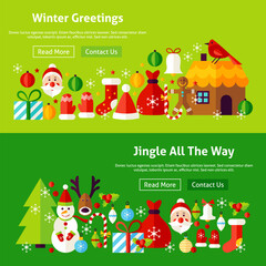 Winter Greetings Website Banners. Vector Illustration for Web Header. Jingle All The Way Flat Design.