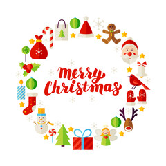 Flat Circle Merry Christmas Objects. Collection of Winter Holiday Items Isolated over white.