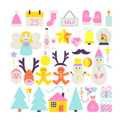 Happy New Year Cute Objects. Flat Design Vector Illustration. Merry Christmas Colorful Items.
