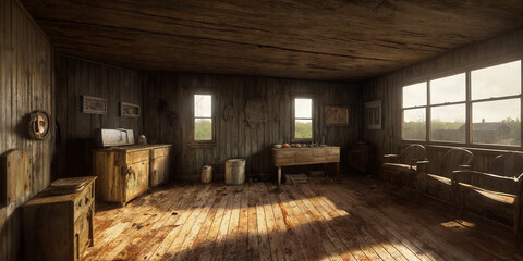 An old abandoned broken wooden house in the middle of the forest like a scene from a western movie. Concept of horror with ghosts. Generative AI.