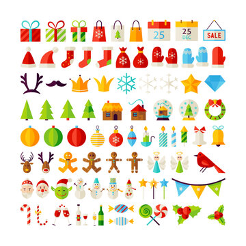 Big Set Merry Christmas Objects. Flat Design Vector Illustration. Happy New Year Colorful Items.
