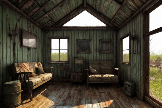 An old abandoned broken wooden house in the middle of the forest like a scene from a western movie. Concept of horror with ghosts. Generative AI.