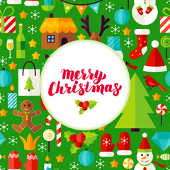 Merry Christmas Greeting Poster. Flat Style Vector Illustration for Winter Holiday Promotion.