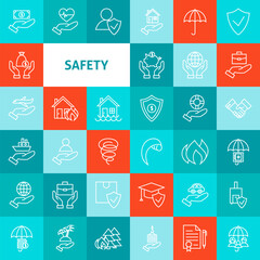 Vector Line Safety Icons Set. Thin Outline Business Items over Colorful Squares.