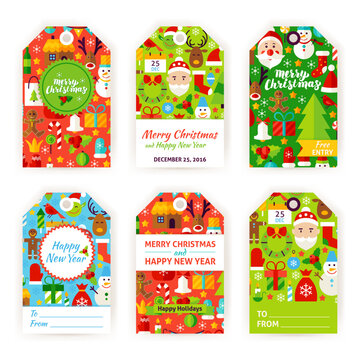 Merry Christmas Gift Labels. Flat Vector Illustration of Happy New Year Tags.