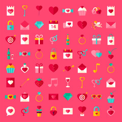 Big Set Valentine Day Objects. Flat Design Vector Illustration. Love Colorful Items.