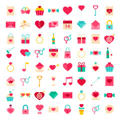 Big Set Valentines Day Objects. Flat Design Vector Illustration. Love Colorful Items Isolated over White.