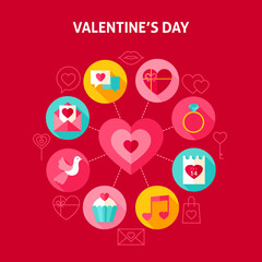 Concept Happy Valentine Day. Vector Illustration of Love Holiday Infographics Circle with Flat Design Icons.