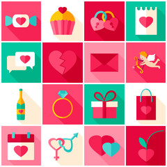 Happy Valentines Day Colorful Icons. Vector Illustration. Love Holiday. Collection of Rectangle Items with Long Shadow.