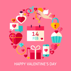 Happy Valentines Day Flat Concept. Poster Design Vector Illustration. Collection of Love Holiday Objects.