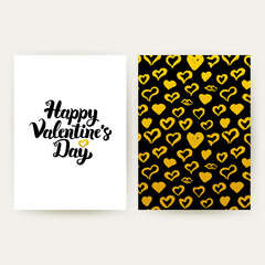 Happy Valentines Day Trendy Posters. Vector Illustration of Gold Pattern Design with Handwritten Lettering.