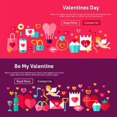Happy Valentines Day Website Banners. Vector Illustration for Web Header. Love Modern Flat Design.