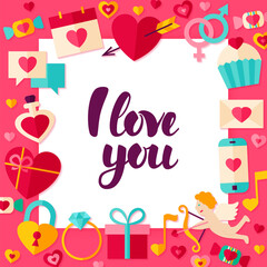 I Love You Paper Concept. Vector Illustration Flat Style Valentines Day Greetings Concept with Lettering.