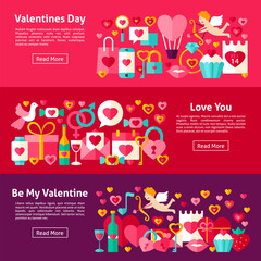 Fototapeta premium Valentines Day Web Horizontal Banners. Flat Style Vector Illustration for Website Header. Love Objects.