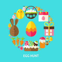 Egg Hunt Postcard. Poster Design Vector Illustration. Collection of Spring Easter Holiday Objects.