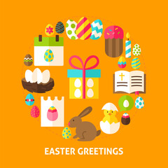 Fototapeta premium Easter Greetings Card. Poster Design Vector Illustration. Collection of Spring Holiday Objects.