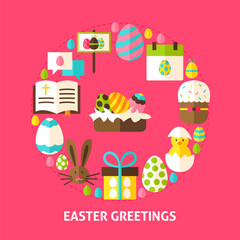 Easter Greetings Postcard. Poster Design Vector Illustration. Collection of Spring Holiday Objects.