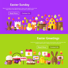 Easter Greetings Website Banners. Vector Illustration for Web Header. Spring Holiday Flat Design.