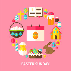 Fototapeta na wymiar Easter Sunday Card. Poster Design Vector Illustration. Collection of Spring Holiday Objects.