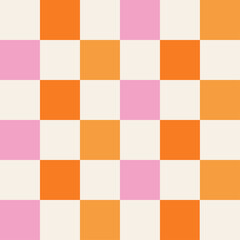 Checkerboard background. Geometric pastel square texture in vintage y2k style. Hippie 70s pattern. Plaid pattern background. Pink, yellow, and orange colors. 
