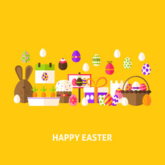 Happy Easter Greeting Card. Flat Design Vector Illustration. Spring Holiday Poster.