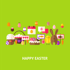 Happy Easter Greeting Postcard. Flat Design Vector Illustration. Spring Holiday Poster.