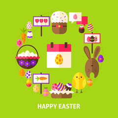 Happy Easter Card. Poster Design Vector Illustration. Collection of Spring Holiday Objects.
