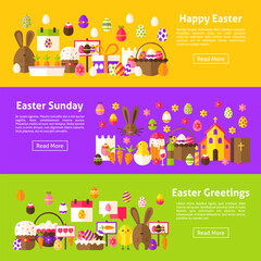 Happy Easter Web Horizontal Banners. Flat Style Vector Illustration for Website Header. Spring Holiday Objects.