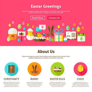 Easter Greeting Website Design. Flat Style Vector Illustration for Website Banner and Landing Page. Spring Holiday.