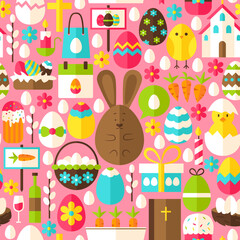 Pink Easter Seamless Pattern. Flat Design Vector Illustration. Tile Background. Spring Holiday.