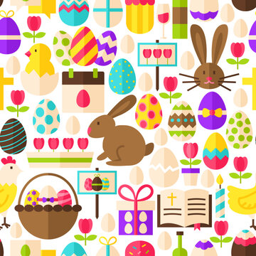 White Easter Seamless Pattern. Flat Design Vector Illustration. Tile Background. Spring Holiday.