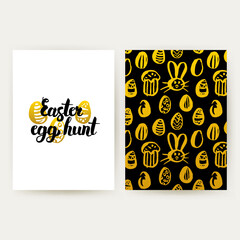 Easter Egg Hunt Trendy Posters. Vector Illustration of Gold Pattern Design with Handwritten Lettering.