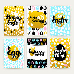 Easter Greetings Trendy Brochures. Vector Illustration of 80s Style Pattern Design with Handwritten Lettering.