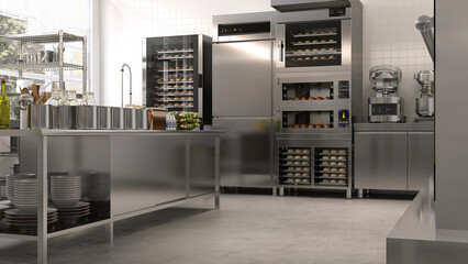 Commercial, professional bakery kitchen and stainless steel convection, bread bun in deck oven, freezer, refrigerator, kneading machine, table, cabinet and ingredient for baking business background 3D