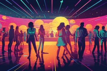 Retro roller skaters dazzling around an enormous indoor roller rink, neon lights and disco balls casting a colorful glow. Generative AI