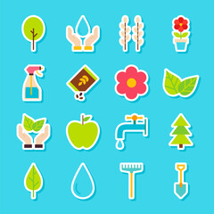 Gardening Spring Stickers. Vector Illustration Flat Style. Collection of Seasonal Nature Symbols.