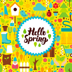 Flat Hello Spring Postcard. Vector Illustration Nature Garden Poster with Handwritten Lettering.