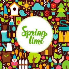 Obraz na płótnie Canvas Flat Spring Time Greeting. Vector Illustration of Nature Garden Poster with Handwritten Lettering.