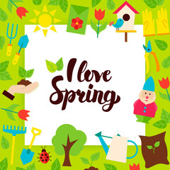 Fototapeta na wymiar I Love Spring Paper Concept. Vector Illustration Flat Style Nature Garden Poster with Lettering.