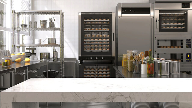 Empty clean white marble top island table in commercial, professional bakery kitchen with stainless steel convection, deck oven, freezer, refrigerator, trolley, cart, bread, bun for background 3D