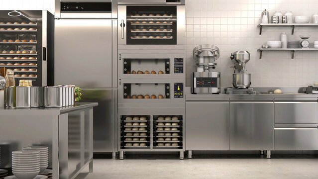 Commercial, professional bakery kitchen and stainless steel convection, deck oven, freezer, refrigerator, kneading machine, table, cabinet, bread, bun and ingredient for baking, business background 3D