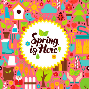 Flat Spring is Here Postcard. Vector Illustration Nature Garden Poster with Handwritten Lettering.