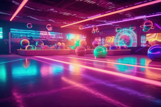 Retro roller skaters dazzling around an enormous indoor roller rink, neon lights and disco balls casting a colorful glow. Generative AI