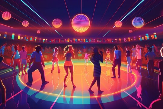 Retro roller skaters dazzling around an enormous indoor roller rink, neon lights and disco balls casting a colorful glow. Generative AI