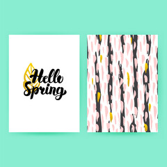 Hello Spring 80s Style Poster. Vector Illustration of Trendy Pattern Design with Handwritten Lettering.