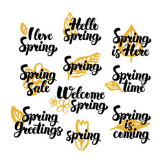 Hello Spring Hand Drawn Quotes. Vector Illustration of Handwritten Lettering Nature Design Elements.