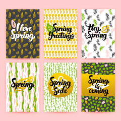 Hello Spring Trendy Brochures. Vector Illustration of 80s Style Poster Design with Handwritten Lettering.