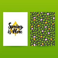 Spring is Here Hipster Poster. Vector Illustration of Trendy Pattern Design with Handwritten Lettering.