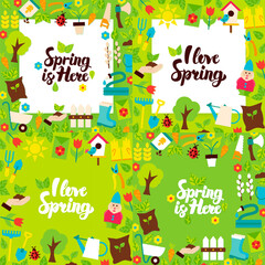 Fototapeta na wymiar Spring Garden Lettering Posters. Four Vector Illustration Flat Style Nature Postcards with Lettering.